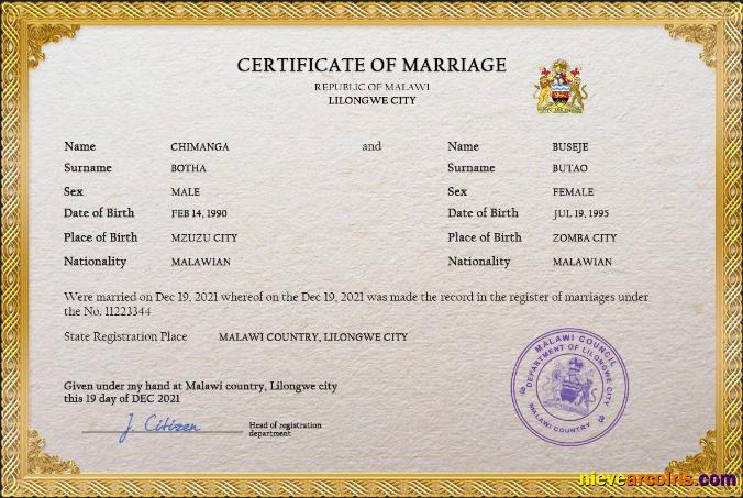 Malawi marriage certificate